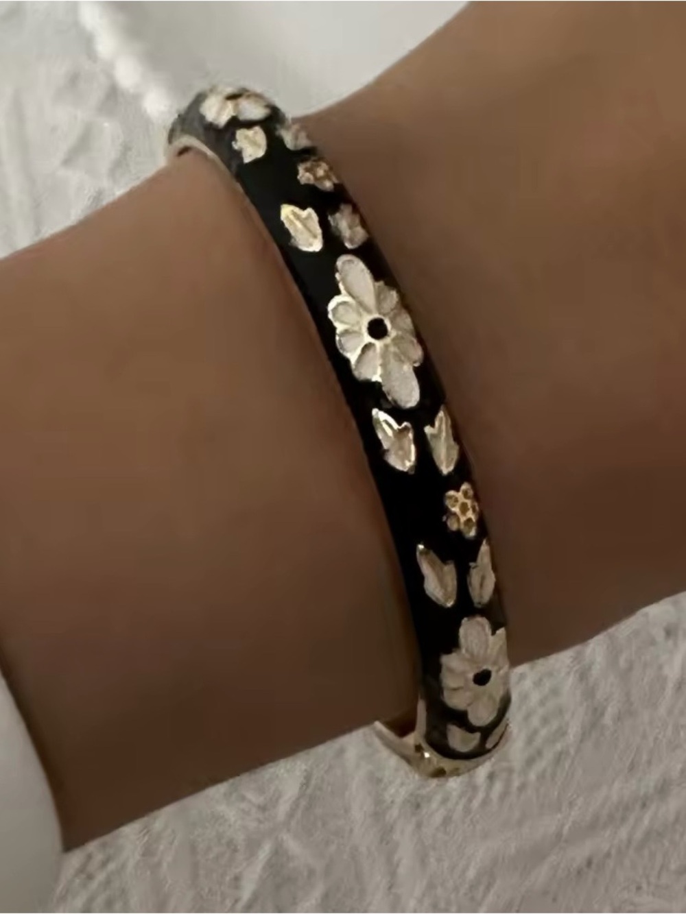 Black Enamel Floral Bangle Bracelet with Gold Accents